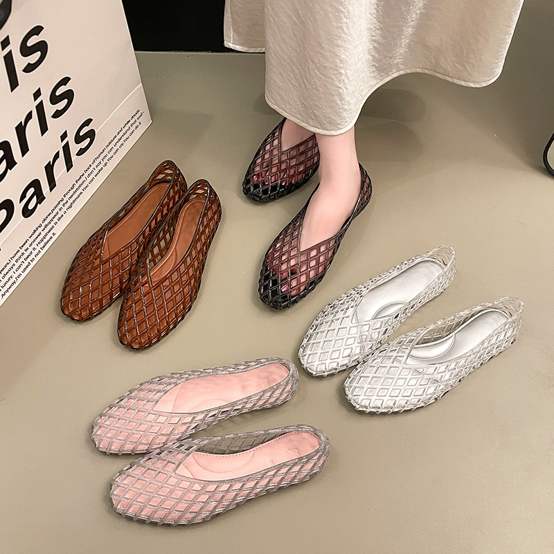 Crystal Mesh Fabric - Omens Sommer-Flach-Jelly-Sandalen mit Fischernetz-Muster, spitzer Zehenpartie,