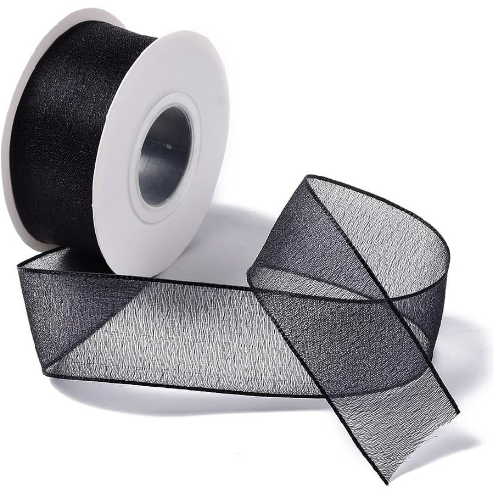 Organza Ribbon Spool - 1 Zoll schwarzes Organzaband, verdrahtet, durchsichtiges