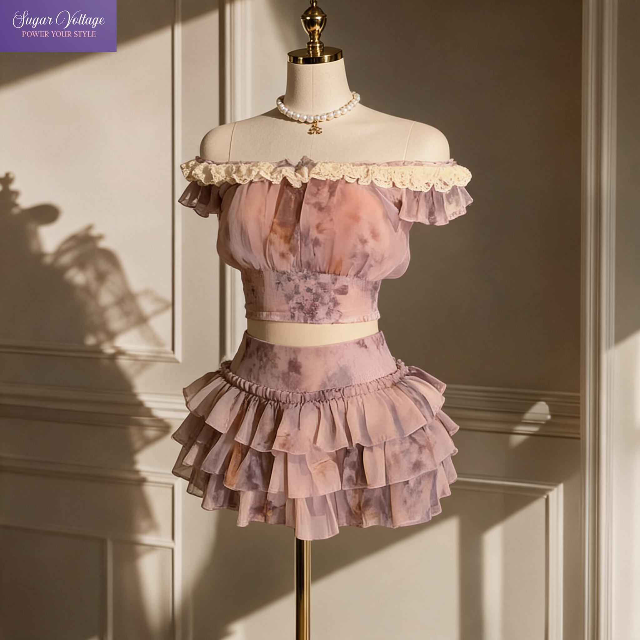 Elastic Lace Trim - Französisches Süßes Coquette Off-Shoulder Set mit